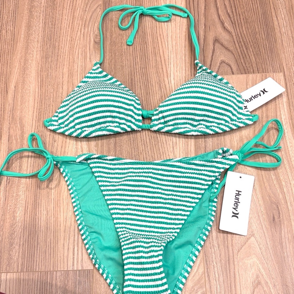 NWT Hurley Green and White Striped Bikini Size L